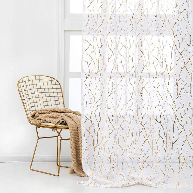 Kotile Gold and White Sheer Curtains 63 Inch Length 2 Panels Metallic Tree Branches Shimmer White Sheer Curtains for Bedroom Grommet Privacy Window Tree Curtains, 52 x 63 Inch, White Gold - Image 4